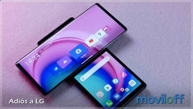 Adíos LG marca movil smartphone cierra telefonos uno encima de otro tonos frios lilas azul